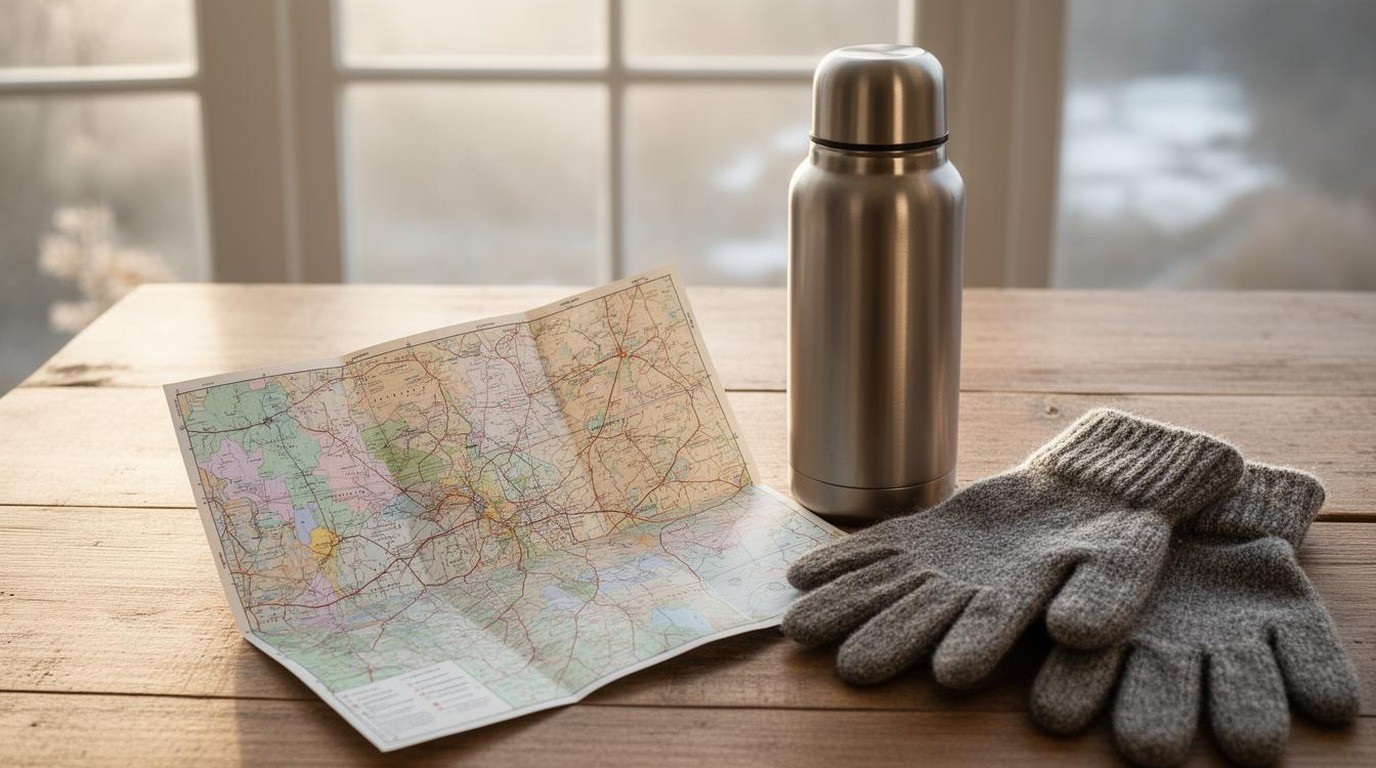 A folded map and a thermos on a table beside a pair of gloves